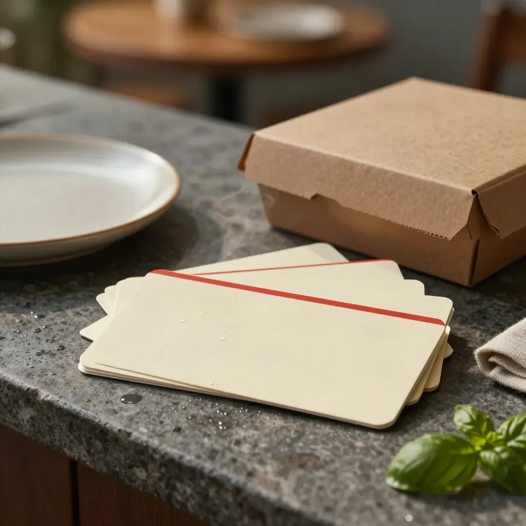 Cream pizza-night voucher pack with takeaway box, plate, napkin and basil on rain-dark stone at dusk.