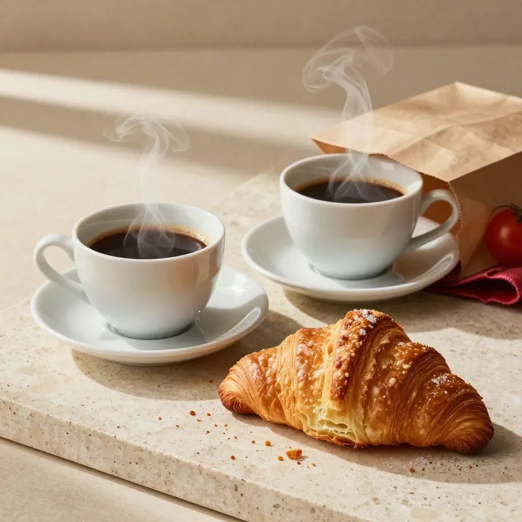 Overhead flatlay of coffee cups, croissant, saucer, and paper bag on travertine.