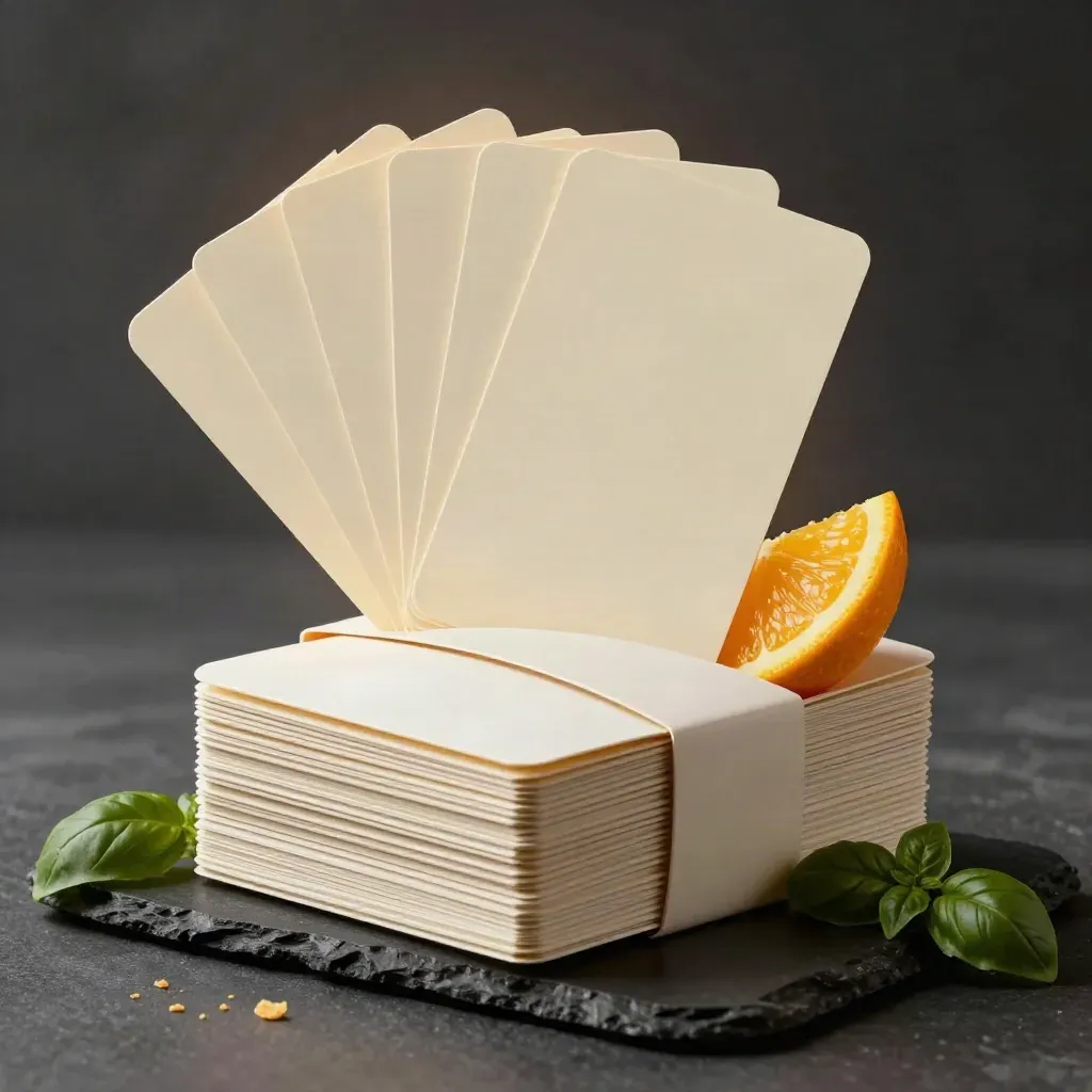 Blank voucher cards, takeout box, citrus wedges and basil on dark stone with dramatic light.