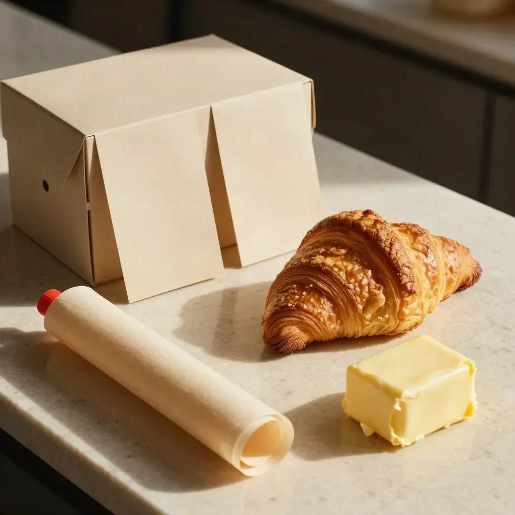Overhead bakery haul with croissant, sleeves, parchment, butter dish on pale travertine.