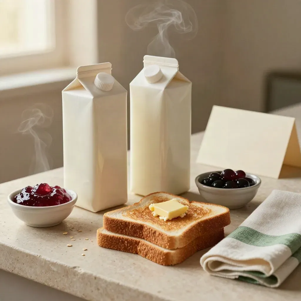 Breakfast bundle with milk cartons, toast, jam dish and tea towel on stone in soft morning light.