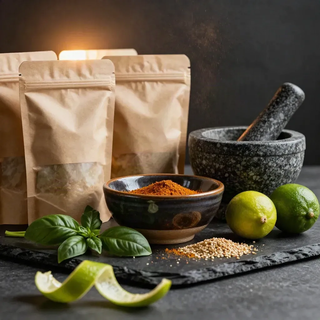 Thai meal kit ingredients, limes, herbs, mortar, and bowl in dramatic macro light.