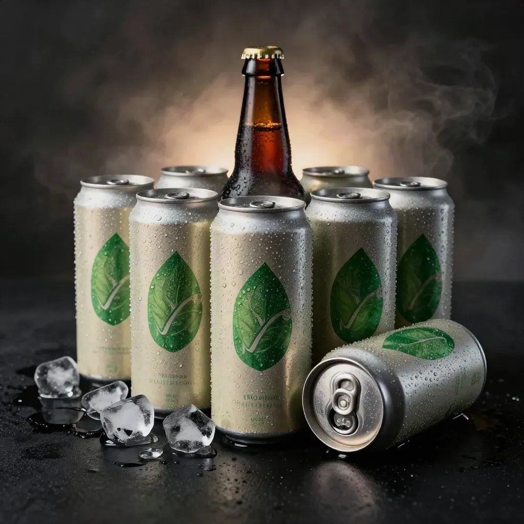 Six frosty soda cans bursting with ice and a bottle neck on a dark studio slab.